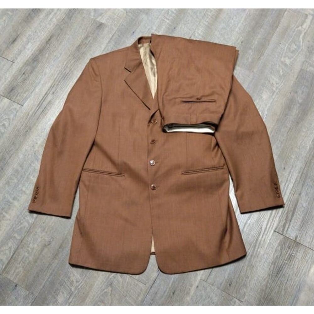 Stacy Adams 2 Pc Suit Mens 46 R Pants Size 35x33 R Brown Poly/rayon Blend